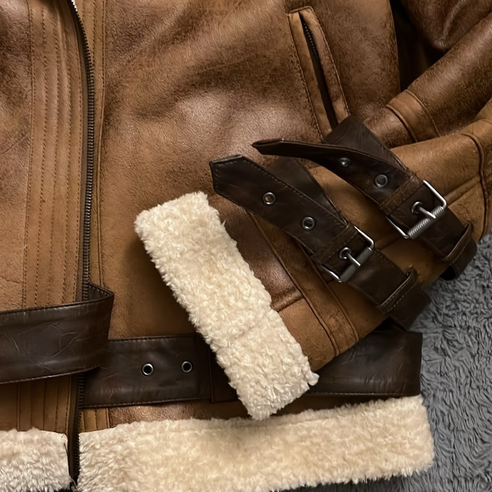 Zara Men's Brown Shearling Leather Jacket - Picture 4 of 9